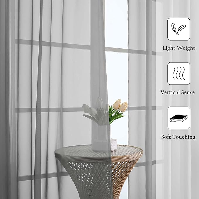 Lecloud Charcoal Grey Sheer Curtains 120 Inches Long 2 Pcs, Light Filtering Rod Pockets Airy Window Curtains for Living Room Decor, Rustic Soft Bedroom Curtain Drapes, Each Panel 59" W x 120" L