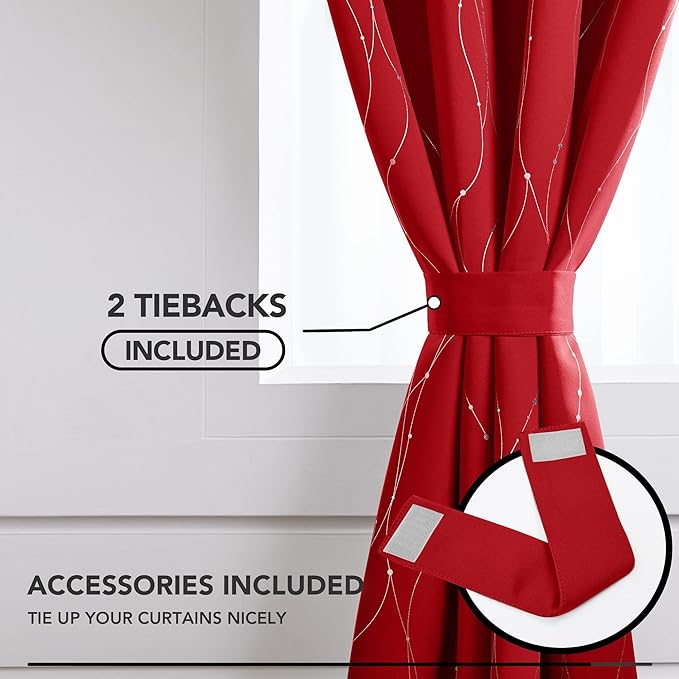 Deconovo Christmas Curtains, Red Curtain, Blackout Drapes, Thermal Insulated Noise‑Reduced Drape, Wave Line Dots Foil Print, 52 x 84 Inch, 2 Panels, Machine‑Washable Window Panel for Party Living Room