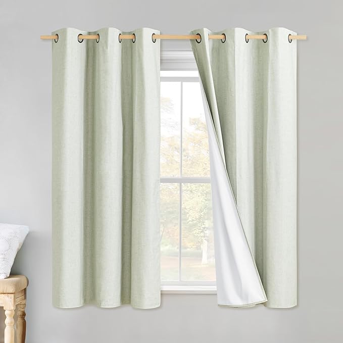NICETOWN Sage Green Linen Blackout Curtains for Night Shift, Great Job, Set of 2, 34" by 60", Short Kitchen Burlap Linen 100% Blackout Drape Panels with Bronze Grommets for Blocking Light