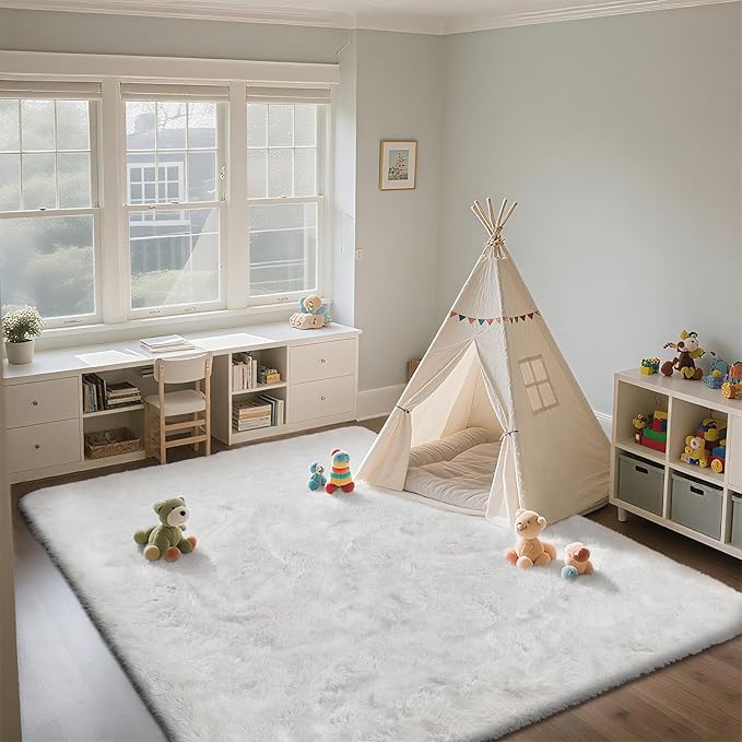 Shag Area Rugs for Bedroom Living Room,6X9 Ultra Soft White Fluffy Area Rugs for Dorm, Indoor Carpet Nursery Rugs for Kids Room Home Decor,White