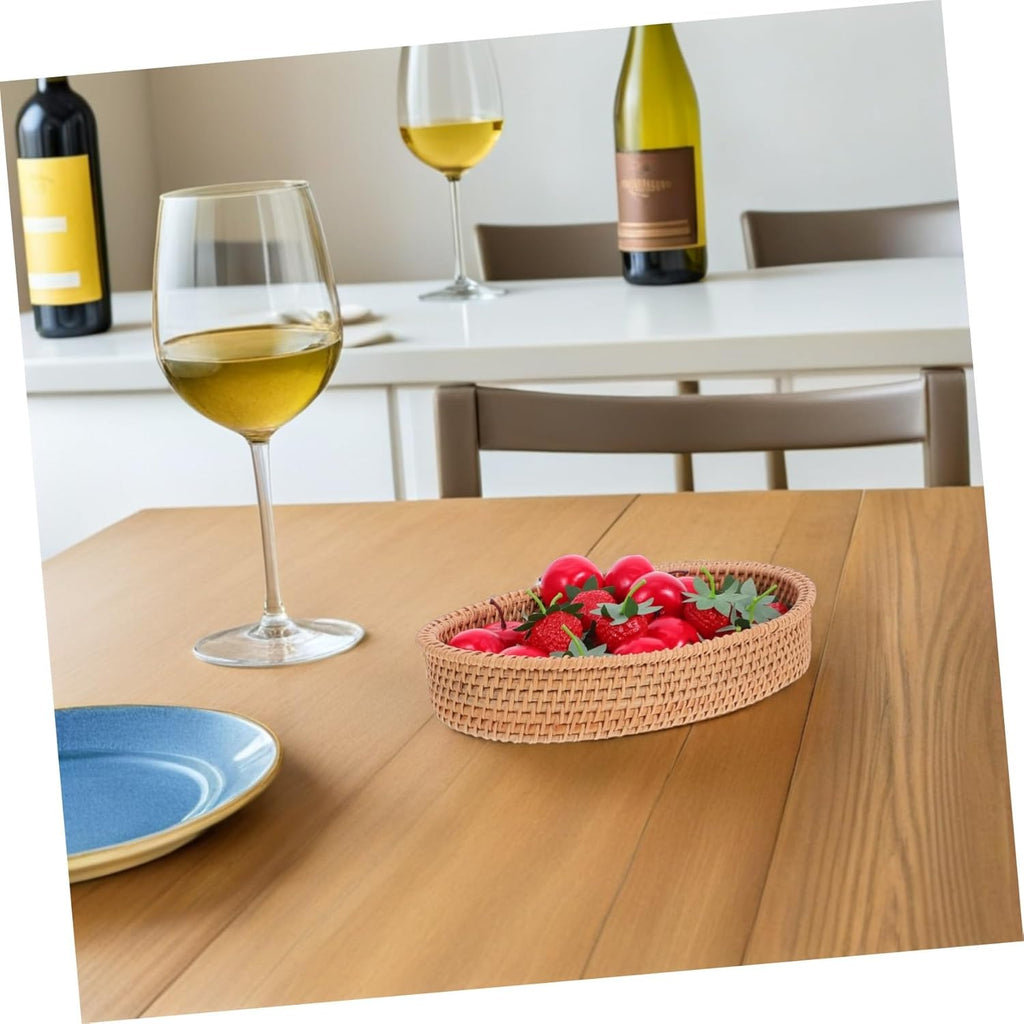 VANZACK 3pcs Oval Handmade Rattan Bread Baskets Natural Woven Fruit Tabletop Storage Bowls Compact Kitchen Organizer Tray for Snacks and Small Essentials