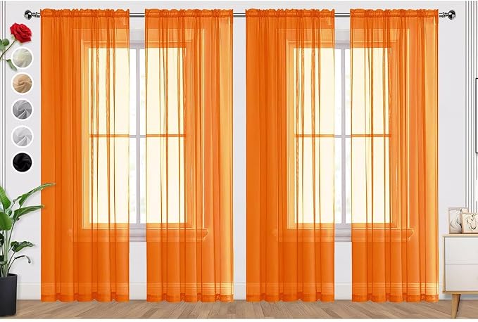 SpaceDresser Orange Sheer Curtains 4 Panels Rod Pocket Semi-Sheer Curtain 96 Inches Long Light Filtering Voile Window Drapes for Bedroom Living Room Kitchen, Each 52W x 96L