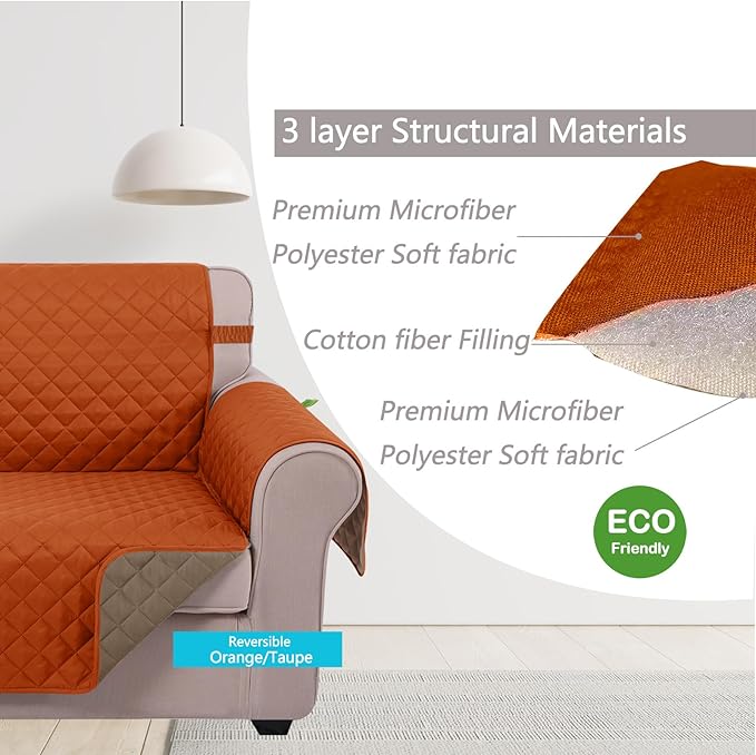 U-NICE HOME Loveseat Sofa Cover Reversible Couch Cover for Dogs with Elastic Straps Water Resistant Furniture Protector for Pets Couch Cover for 2 Cushion Couch (Loveseat, Orange/Taupe)