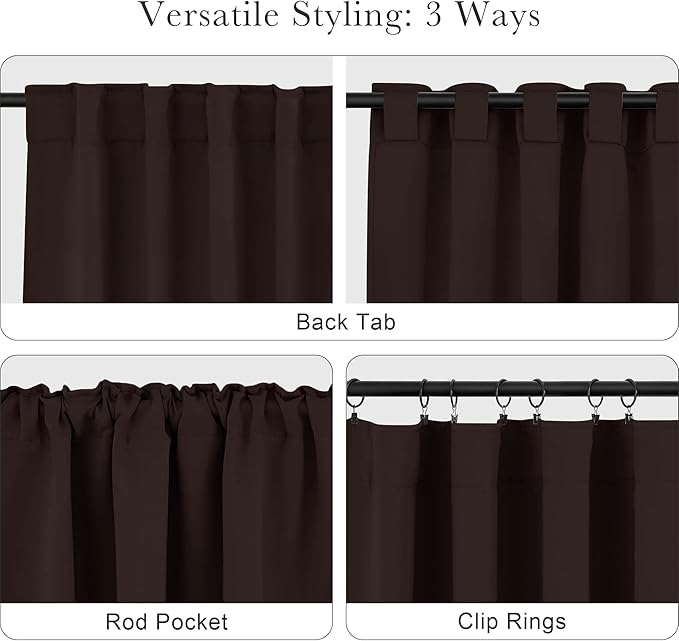 PONY DANCE Blackout Curtains Short - Bedroom Window Draperies Energy Efficient Thermal Insulated Back Tab/Rod Pocket Curtain Panels/Window Treatments for Kitchen, 42 W x 45 L, Brown, 2 Pieces