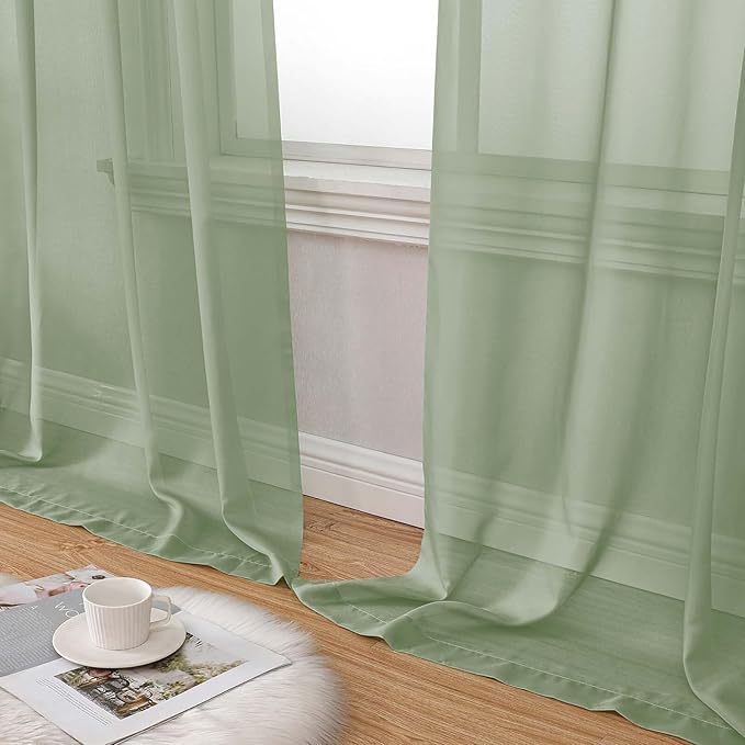 Sage Green Sheer Curtains 84 Inches Long 2 Panels Set for Bedroom Living Room, Soft Airy Light Filtering Modern Solid Rod Pocket Drapes Window Treatments, Each 59" W x 84" L