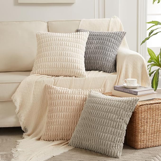 Fancy Homi 4 Packs Neutral Small Decorative Throw Pillow Covers 12x12 Inch for Living Room Couch Bed Sofa, Rustic Farmhouse Boho Home Decor, Soft Plush Striped Corduroy Square Cushion Case 30x30 cm