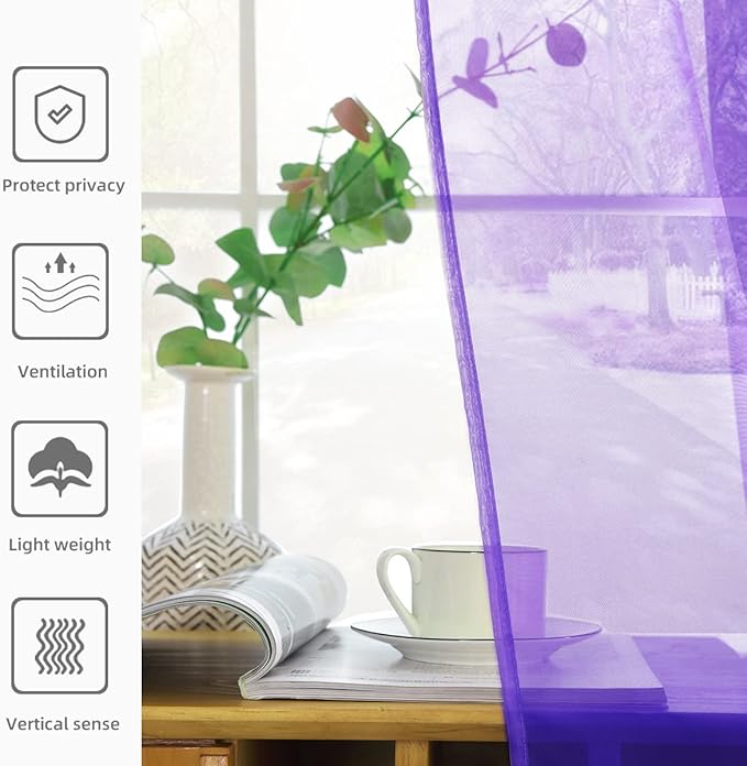 youleyar Solid Sheer Rod Pocket Curtain Voile Draperies 2 Panels White Beige Black Grey Coffee 52 Inch Width 45 Inch Long 1 Pair for Kitchen Bedroom Children Living Room Yard (Purple,52Wｘ45L)