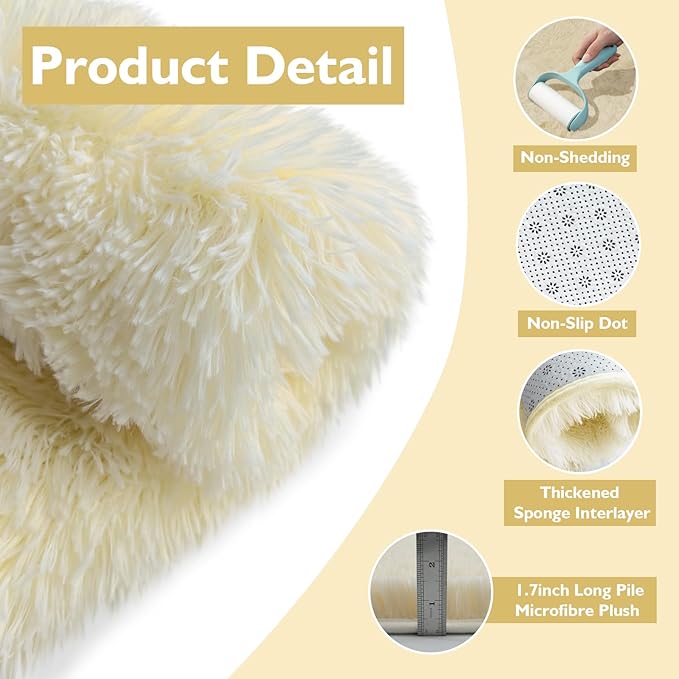 Ultra Soft Fluffy Area Rugs for Bedroom Living Room 10x12, Nursery Rug, Non-Slip Carpet for Kids Dorms Decor, Shaggy Bedside Rug, Ivory