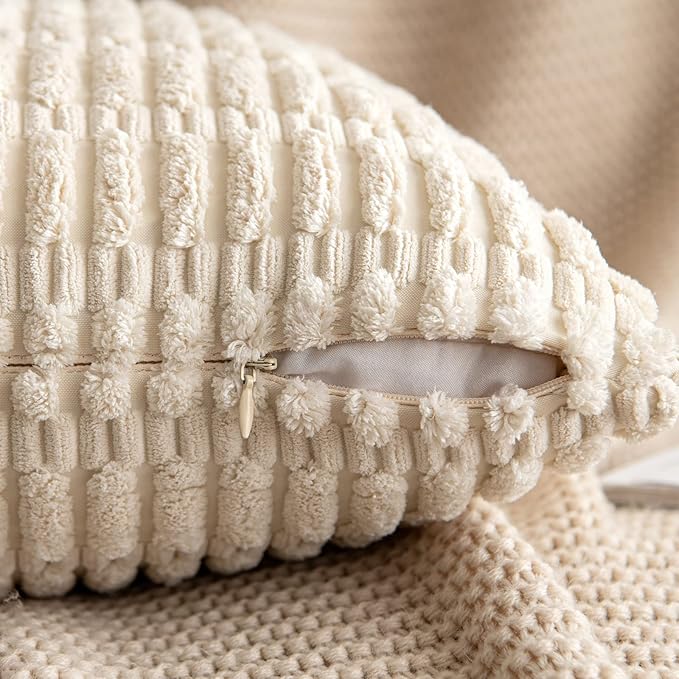 MIULEE Pack of 2 Corduroy Decorative Euro Sham Throw Pillow Covers 24x24 Inch Soft Boho Striped Pillow Covers Modern Farmhouse Home Decor for Sofa Living Room Couch Bed Cream White
