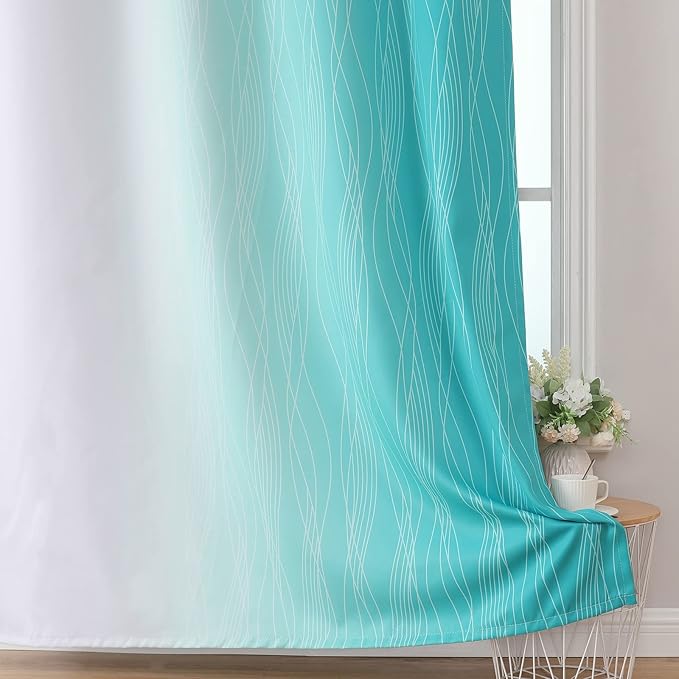 Estelar Textiler Teal and Greyish White Blackout Curtains 54 Inch Length, Light Blocking Gradient Grommet Drapes for Living Room, Thermal Insulated Ombre Curtains for Bathroom,52Wx54L,2 Panels