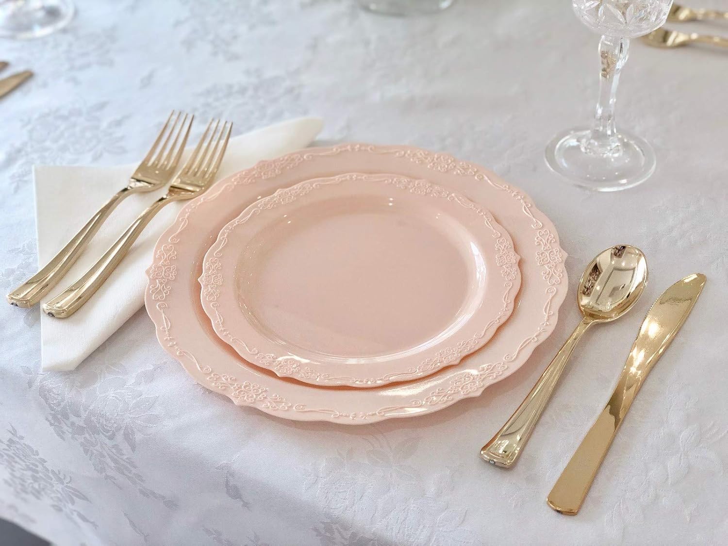 " OCCASIONS " 240 Plates Pack,(120 Guests) Vintage Wedding Party Disposable Plastic Plates Set -120 x 10'' Dinner + 120 x 7.5'' Salad / Dessert (Verona in Blush / Antique Rose)