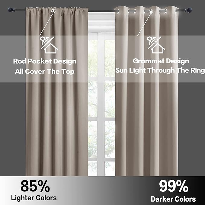 RYB HOME Blackout Curtains for Bedroom Living Room 63 inches Long, Thermal Insulated Privacy Rod Pocket Drapes for Nursery Office Home Theater, Width 34 by Length 63, Sand, 2 Panels
