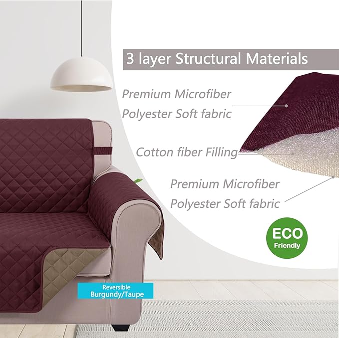 U-NICE HOME 4 Seater Sofa Cover 91 Inch Large Couch Covers for 4 Cushion Couch with Elastic Straps Water Resistant Furniture Protector Cover for Pets Cat (Sofa XX-Large, Burgundy/Tan)