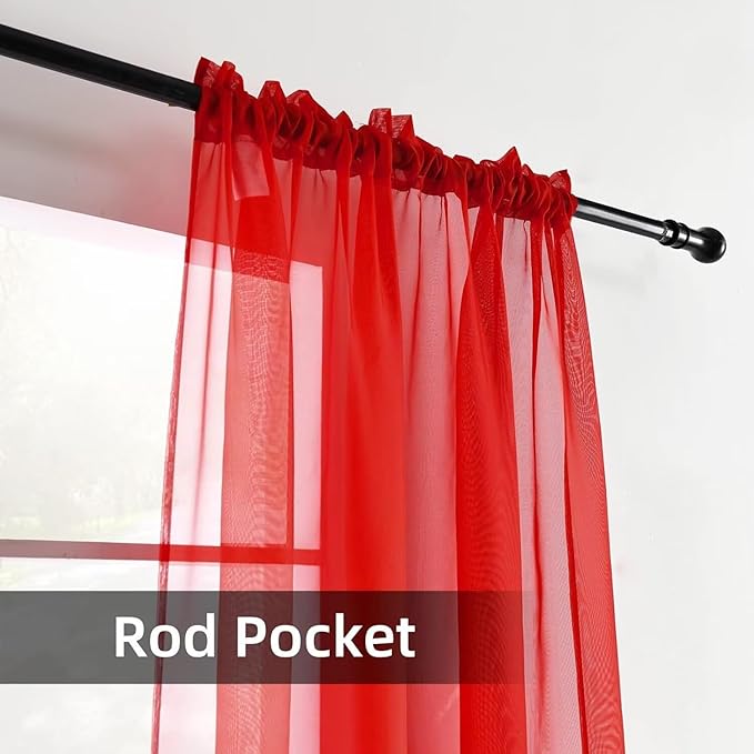 youleyar Solid Sheer Rod Pocket Curtain Voile Draperies 2 Panels White Beige Black Grey Coffee 42 Inch Width 45 Inch Long 1 Pair for Kitchen Bedroom Children Living Room Yard (Red,42Wｘ45L)