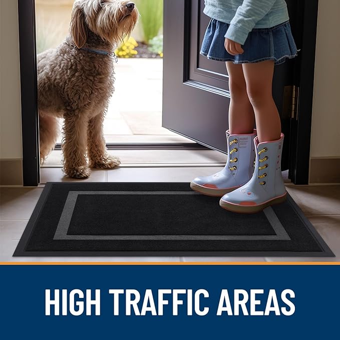 OLANLY Front Door Mat Indoor Outdoor Entrance, Waterproof All-Season, All-Weather Doormat, Sturdy Natural Rubber, Fade Resistant, Low Profile, Easy Clean Patio Porch Entryway Mat, 23.5x15.5, Black