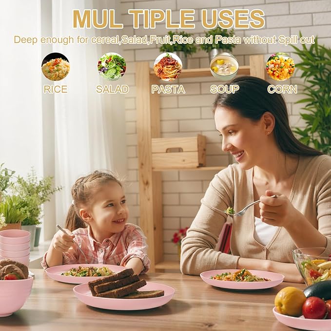 Rubtlamp 16Pcs Plastic Wheat Straw Dinnerware Set, Reusable Plastic Plate Set for 4, Kitchen Plates And Bowls Set (Pink) Include Dinner Platos, Dessert Platos, Cereal Bowls, Cups for Daily, Camping