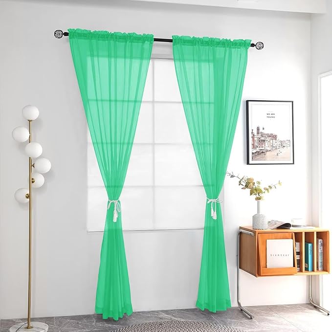youleyar Solid Sheer Rod Pocket Curtain Voile Draperies 2 Panels White Beige Black Grey Ivory 52 Inch Width 84 Inch Long 1 Pair for Kitchen Bedroom Children Living Room Yard (Grass Green,52Wｘ84L)