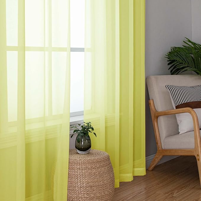 Lecloud Lemon Sheer Curtains 96 Inches Long 2 Panels, Solid Voile Dual Rod Pockets Living Room Decor Window Curtains for Bedroom, Light Filtering Airy Transparent Drapes, Each Panel 42" W x 96" L