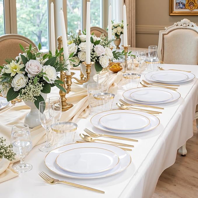 bUCLA 150PCS White and Gold Plastic Plates Disposable - 25 Guests Gold Dinnerware Set - Include 25 Each (Dinner & Dessert) Plates, 25 Knives, 25 Forks, 25 Spoons & 25 Cups for Party