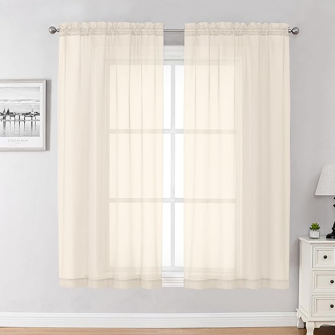 Chyhomenyc Cream Sheer Curtains 54 Inch Long 2 Panels, Short Voile Sheer Drapes for Dinning Small Windows Bathroom Living Room Bedroom, Rod Pocket, 42Wx54L Inches