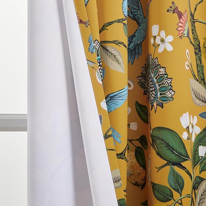 Topfinel Mustard Yellow Vintage Curtains & Drapes 84 Inches Long, Grommet Luxury Whimsical Floral Lemon Hummingbird Patterned Waverly Mid Century Colorful Blackout Drapes for Living Room Bedroom