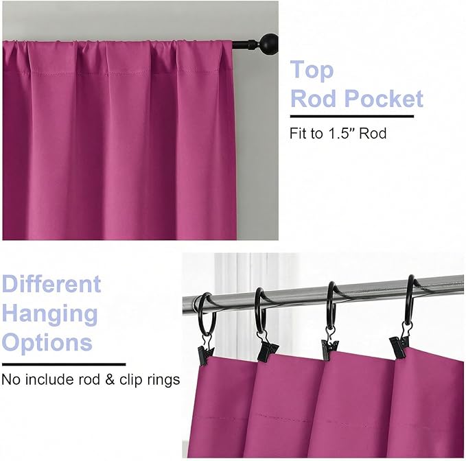 Simplebrand Ava Hot Pink Short Blackout Curtains for Bedroom 54 Inches Long 2 Panels Set, Solid Thermal Insulated, Energy Saving Window Treatment Curtains Blackout Drapes, W40 x L54 Inch