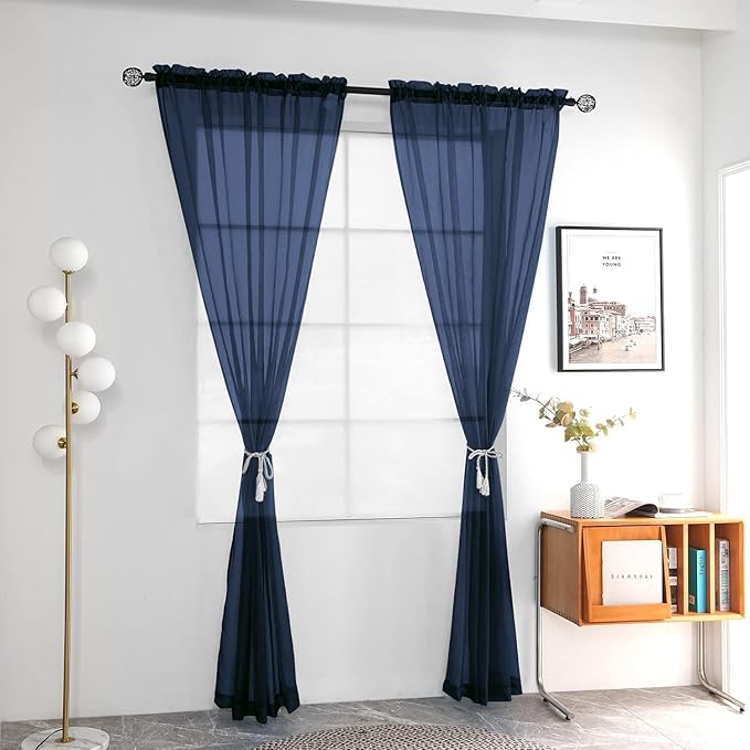 youleyar Solid Sheer Rod Pocket Curtain Voile Draperies 2 Panels White Beige Black Grey Coffee 52 Inch Width 63 Inch Long 1 Pair for Kitchen Bedroom Children Living Room Yard (Navy,52Wｘ63L)