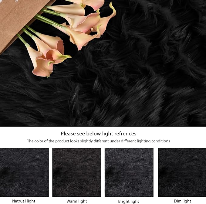 ORINOVA Washable 6x9 Area Rugs for Living Room Black Fuzzy Faux Sheepskin Shag Fur Rug for Bedroom Nursery Rectangle Rug Home Décor