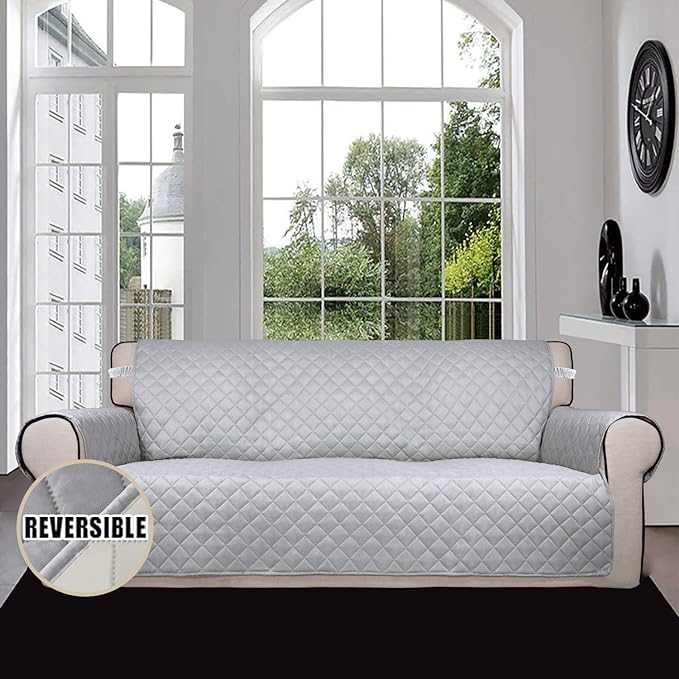 Easy-Going Reversible Couch Cover for 3 Cushion Couch Sofa Cover for Dogs Water Resistant Furniture Protector Cover with Foam Sticks Elastic Straps for Pet Cat (Sofa, Light Gray/Ivory)