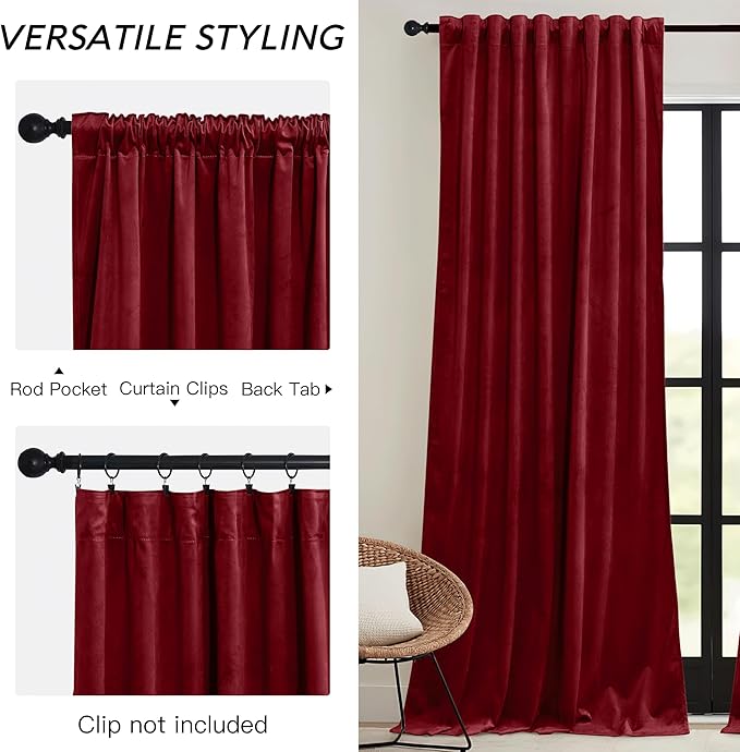 RYB HOME Chistmas Red Velvet Curtains- Super Soft Thermal Insulated Back Tab & Rod Pocket Window Curtain for Bedroom Movie Theater, Width 52 x Length 90 inch, Red, 2 Panels