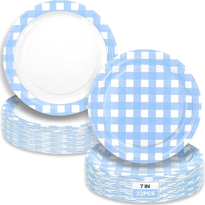 32 Pcs Blue Gingham Party Plates - 7 Inch Checkered Plaid Dessert Plates Disposable Blue and White Paper Plate - For Picnic BBQ Birthday Dinner Party Supplies