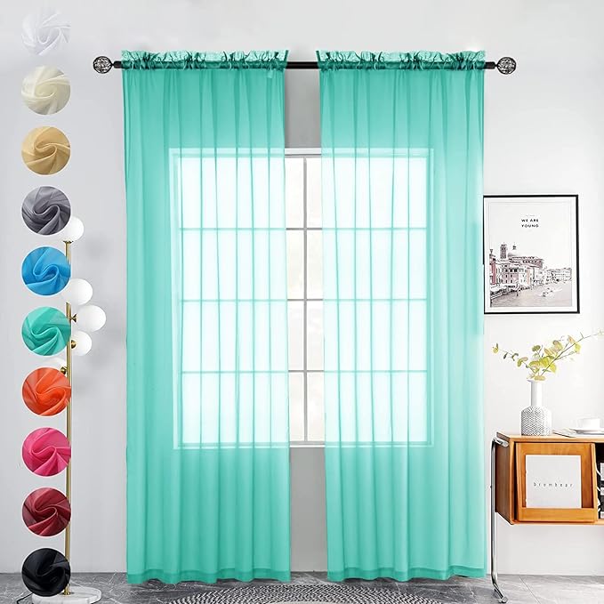 youleyar Solid Sheer Rod Pocket Curtain Voile Draperies 2 Panels White Beige Black Grey Coffee 52 Inch Width 63 Inch Long 1 Pair for Kitchen Bedroom Children Living Room Yard (Turquoise,52Wｘ63L)