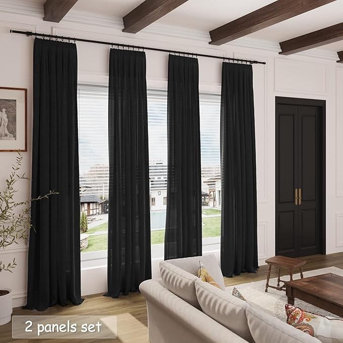 Nanspring 96 inch Linen Curtains for Bedroom Living Room Light Filtering Privacy Black Simple Modern Curtains Back Tab and Rod Pocket Curtain for Office/Dinner Room 70x96,2 Panel