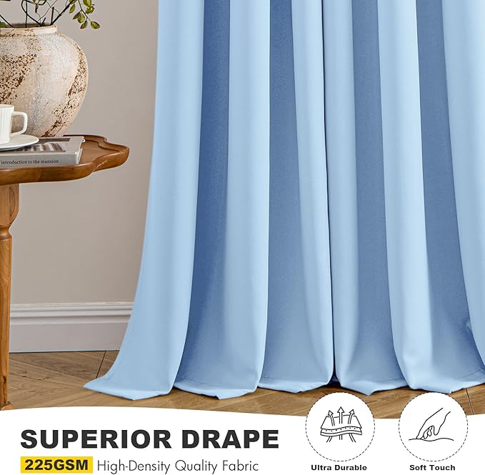 MIULEE Sky Blue Blackout Curtains for Bedroom Living Room 63 Inches Long 2 Panels, Thermal Insulated Room Darkening Drapes Solid Grommet Noise Reduction Light Blocking Window Treatments 40x63 Inch