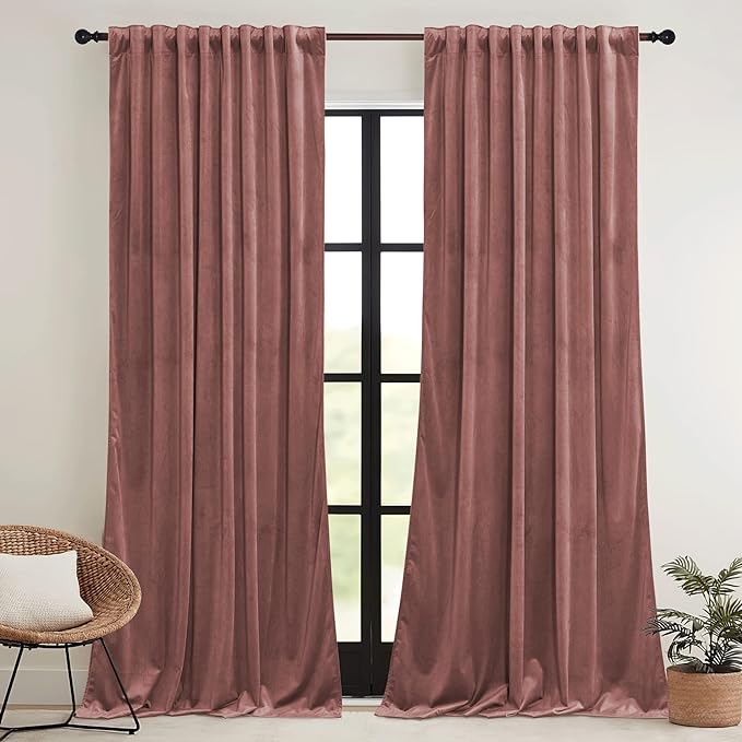 RYB HOME Dusty Pink Velvet Curtains 96 inch, Darkening Window Curtains for Living Room Energy Efficient Backdrop Festival Decor for Girls Bedroom Dining Room, Wild Rose, W52 x L96 inch, 2 Panels