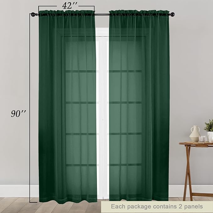 Sheer Hunter Green Curtains for Bedroom Living Room 90 Inches Long 2 Panels Set, Soft Airy Light Filtering Sheer Window Treatments, Modern Rod Pocket Curtains Drapes, Each 42" Wx90 L Inch