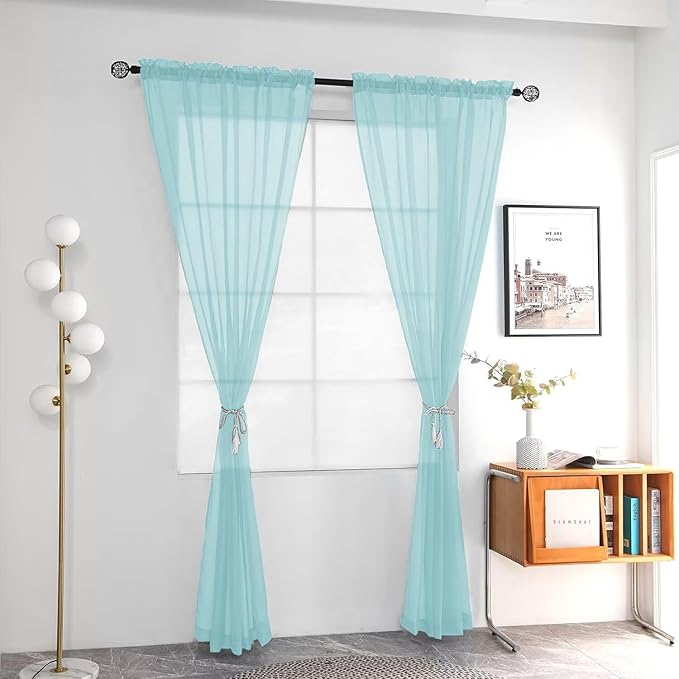 youleyar Solid Sheer Rod Pocket Curtain Voile Draperies 2 Panels White Beige Black Grey Ivory 52 Inch Width 96 Inch Long 1 Pair for Kitchen Bedroom Children Living Room Yard (Sky Blue,52Wｘ96L)