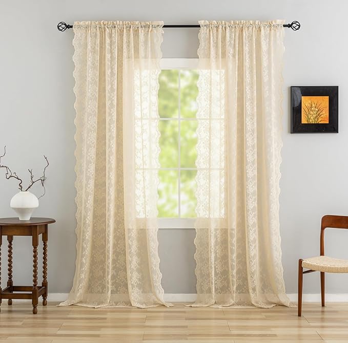 YJ YANJUN Vintage Lace Curtains 96 Inches Long-Victorian Floral Beige Sheer Curtains for Living Room Office Bedroom Light Filtering Embroidered Window Treatment Spring Summer Decor 8 FT 52Wx96L