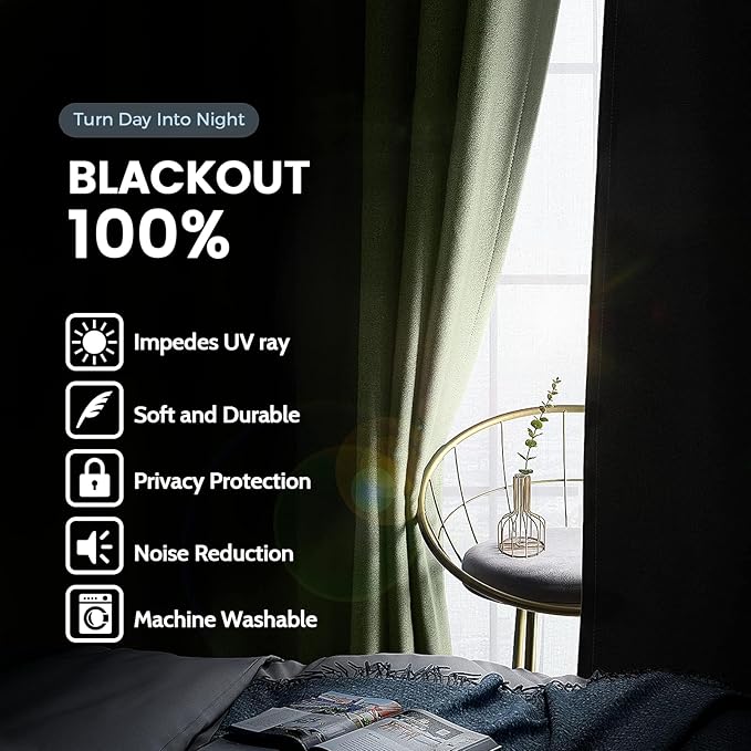 SimpleHome 100% Blackout Curtains for Bedroom,Thermal Insulated Sage Grommet Window Drapes Room Darkening Curtains for Living Room with Black Back,42 x 45 Inch,2 Panels