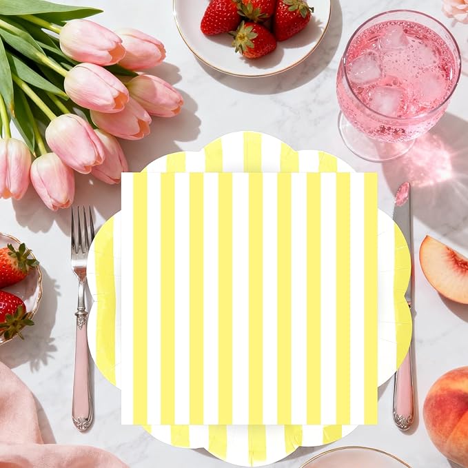 50PCS Yellow Striped Paper Plates and Napkins Party Supplies, Yellow and White Scalloped Party Plates and Napkins Tableware Set for Birthday Bridal & Baby Shower Wedding Party Decoration