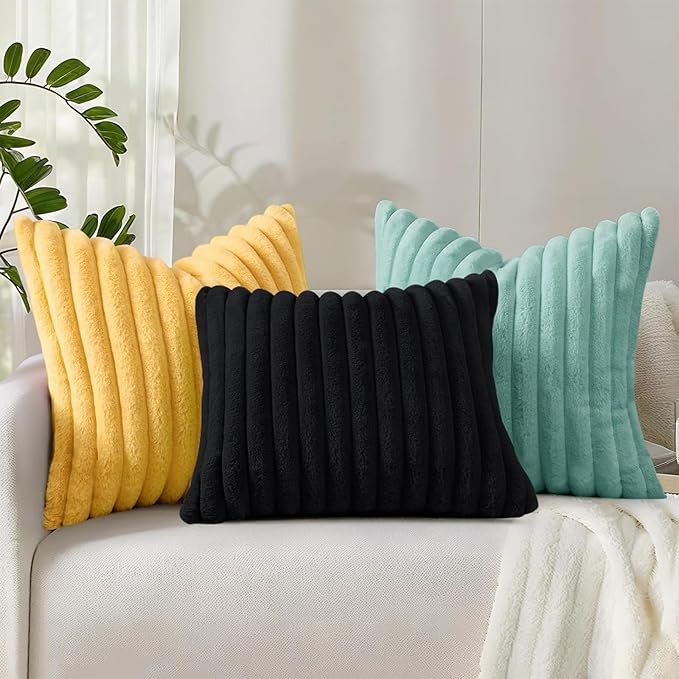 decorUhome Summer Cozy Faux Fur Throw Pillow Covers 24x24 Set of 2 Decorative Soft Plush Striped Modern Farmhouse Boho Couch Euro Sham Pillow Cases with Velvet Back for Sofa Bed Living Room, Aqua