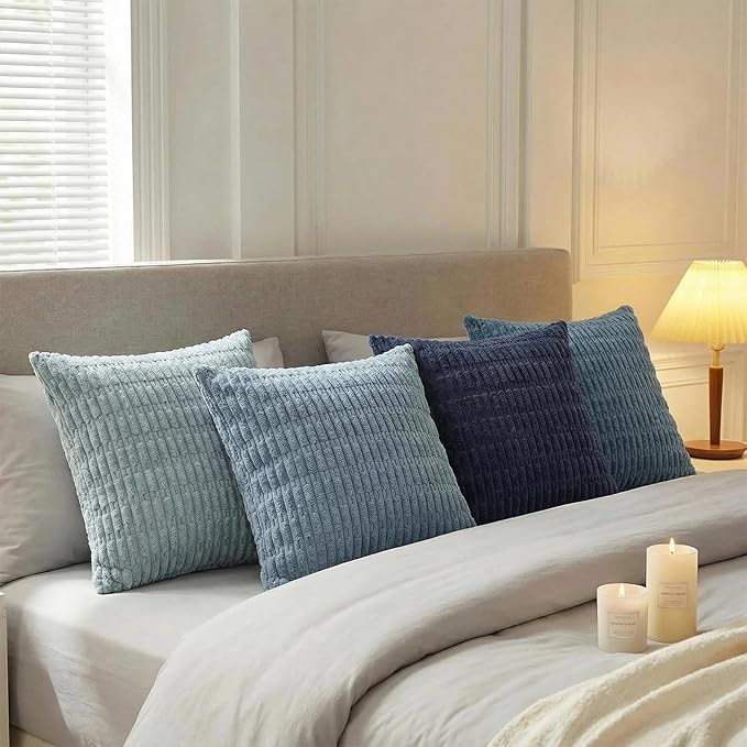 Fancy Homi Set of 4 Blue Boho Decorative Throw Pillow Covers 26x26 Inch for Couch Bed Sofa, Aesthetic Modern Bohemian Room Decor, Fuzzy Fluffy Cozy Corduroy Textured Coastal Blue Cushion Case 66x66cm