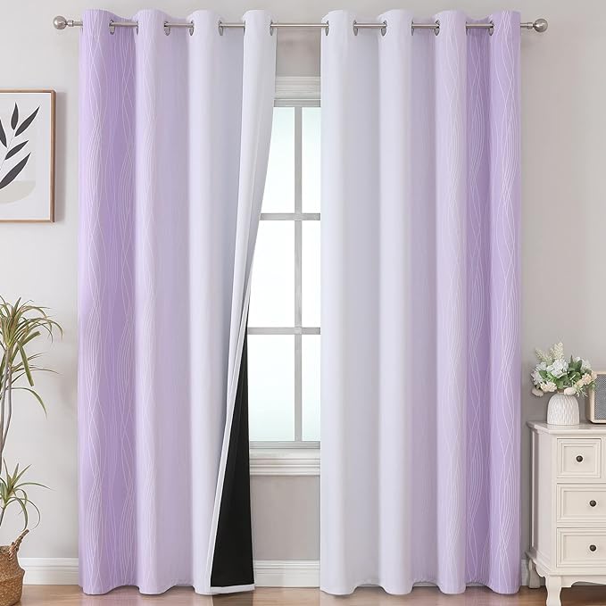 Estelar Textiler Lilac and Greyish White Ombre Blackout Curtains 102 Inches Long 2 Panels Set, Thermal Insulated Drapes for Bedroom,Full Light Blocking Grommet Curtains for Living Room,52Wx102L