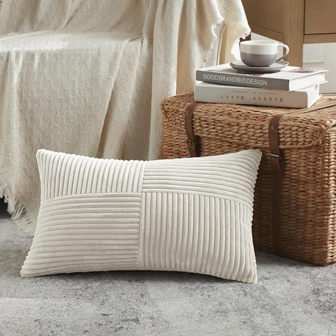 Fancy Homi 2 Packs Cream Long Lumbar Decorative Throw Pillow Covers 16x24 Inch for Couch Bed Sofa, Rustic Farmhouse Boho Home Decor, Soft Striped Corduroy Rectangle Accent Cushion Case 40x60 cm