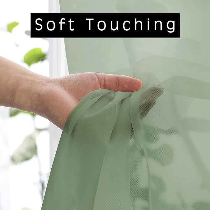 OVZME 2 Panels Window Sage Green Sheer Curtains 42" x 45" Inches for Small Windows, Soft Touching Top Dual Rod Pocket Drapes for Living Room & Bedroom