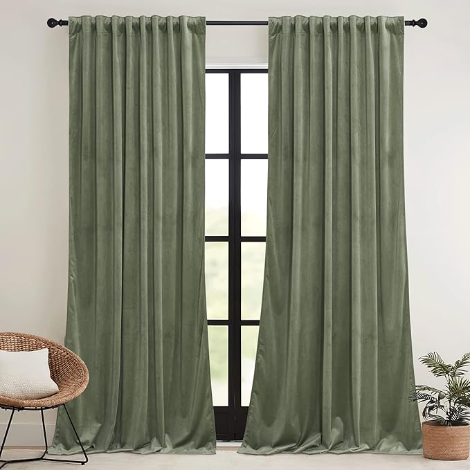 RYB HOME Sage Green Velvet Curtains 90 inches - Heavy Duty Back Tab Decorative Window Drapes Privacy Room Darkening Covering for Living Room Bedroom, 52 inch x 90 inches, 2 Panels Set