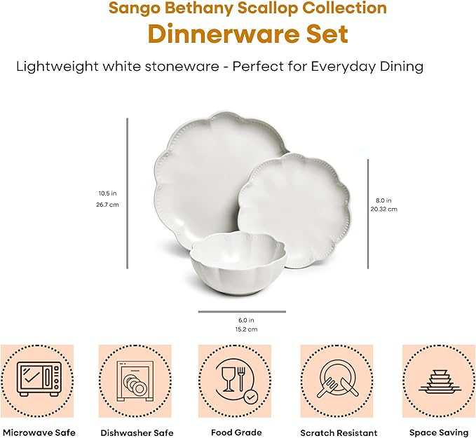 Sango 12 Pieces Scalloped Dinnerware Set, Modern White Dishes for 4, Premium Serving Plates & Bowls Sets, Chip & Scratch Resistant, Ceramic Dishware, Kitchen Dish, Microwave & Dishwasher Safe, Bethany