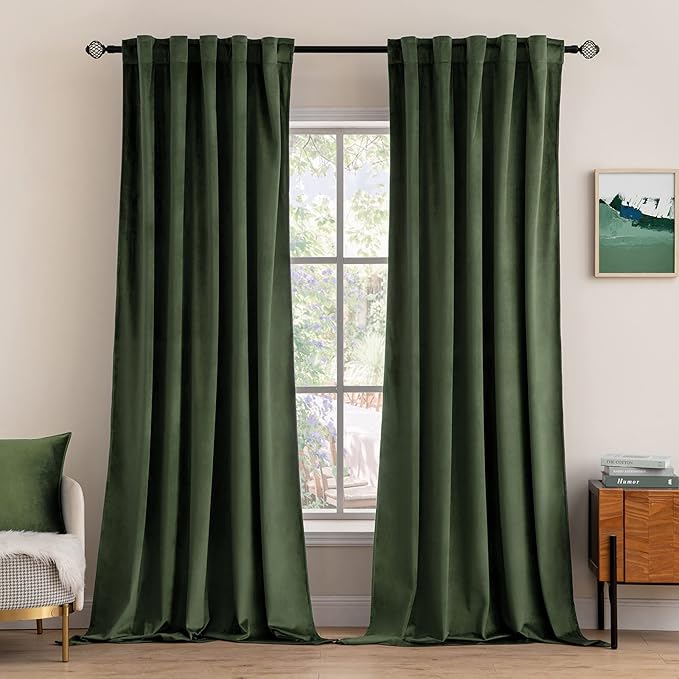 MIULEE Velvet Curtains 132 inches - Luxury Blackout Curtains for Bedroom Living Room Thermal Insulated Super Soft Window Drapes Rod Pocket & Back Tab, Olive Green, W52 x L132 inches, 2 Panels