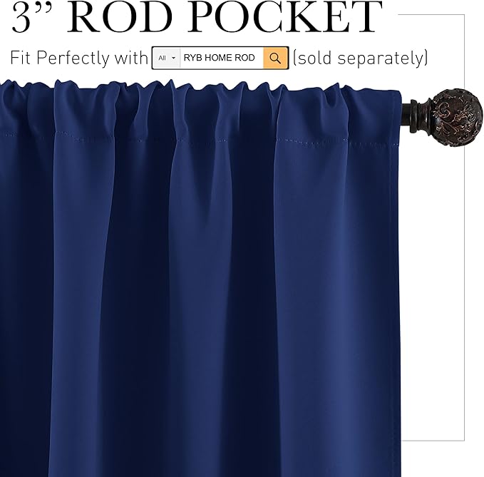 RYB HOME Cafe Blackout Curtains 24 inch Length, RV Curtains for Camper Windows, Mini Short Small Insulating Light UV Blocking Privacy Half Window Tiers, Width 29 by Length 24, Marine Blue, 2 Panels