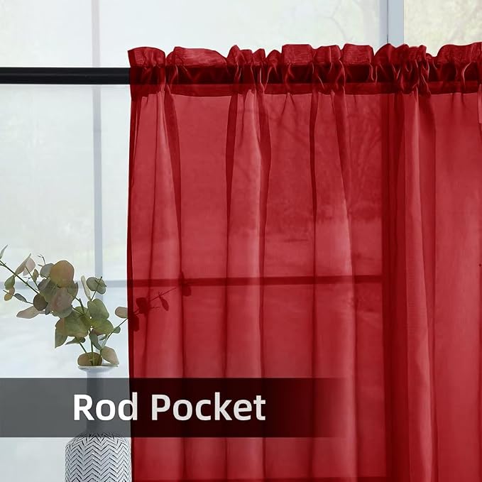 youleyar Solid Sheer Rod Pocket Curtain Voile Draperies 2 Panels White Beige Black Grey Ivory 52 Inch Width 45 Inch Long 1 Pair for Kitchen Bedroom Children Living Room Yard (Christmas Red,52Wｘ45L)